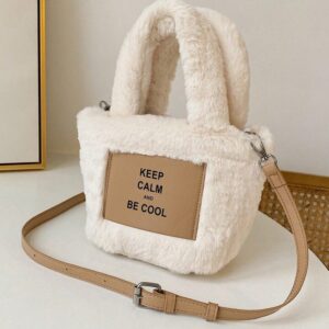Plush Shoulder Bags Casual Fashion Letter Printed Small Tote for Work (White)
