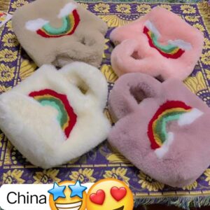 Women Soft Fluffy Bags Rainbow Design Cute HandBag Winter Bags Daily Commute Bag