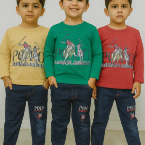 Super Collection #1536 – Boys’ Polo Graphic Top & Jeans Set (Ages 2–3)