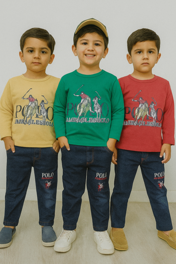 Super Collection #1536 – Boys’ Polo Graphic Top & Jeans Set (Ages 2–3)